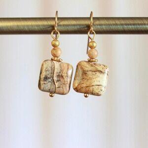 Handmade Jasper Beaded Drop Earrings Boho Natural Gemstone Earthy Bohemian